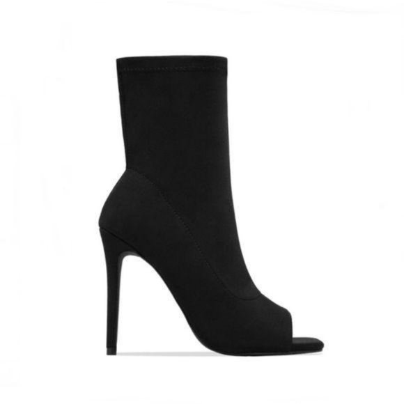 Black Lycra Squared Open Toe Ankle Booties - Picture 2 of 9